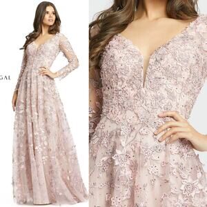 Mac Duggal 70224 Pink Floral Applique Long Sleeve Illusion Gown 10